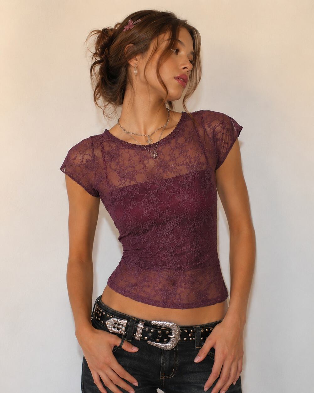 Vintage Y2K Sheer Lace Top Stretchy GRAPE SODA Purple GRUNGE COQUETTE Large L